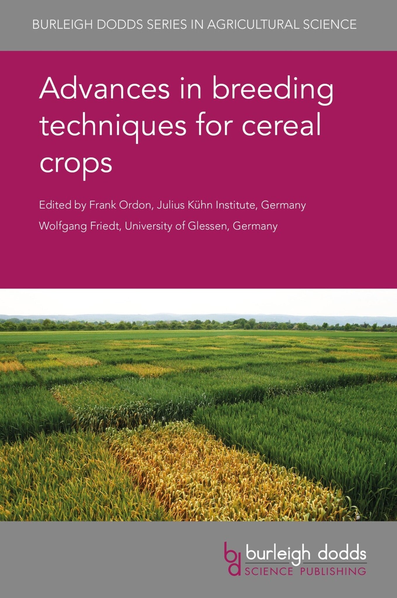 Book cover of 'Advances in breeding techniques for cereal crops' with a field of crops and publishers' logo.